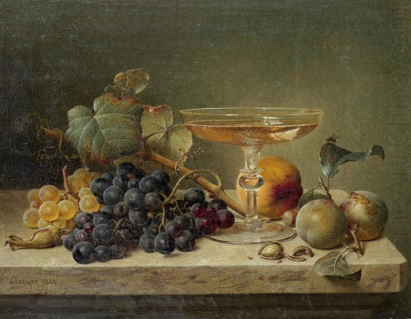 nuts and a glass on a marble ledge, Johann Wilhelm Preyer